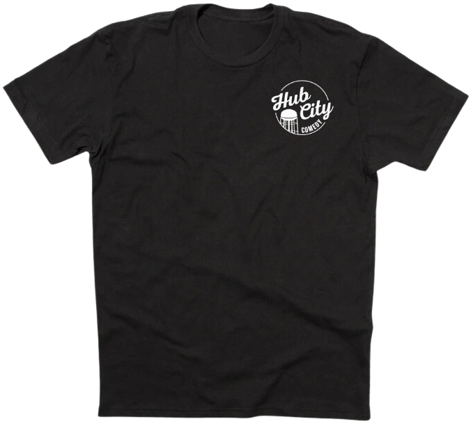Black t-shirt with Hub City Comedy logo in white