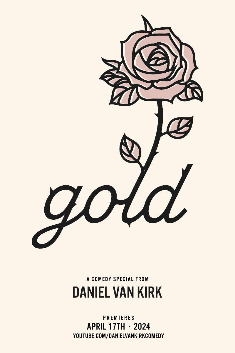 A poster with the word gold and a drawing of a rose