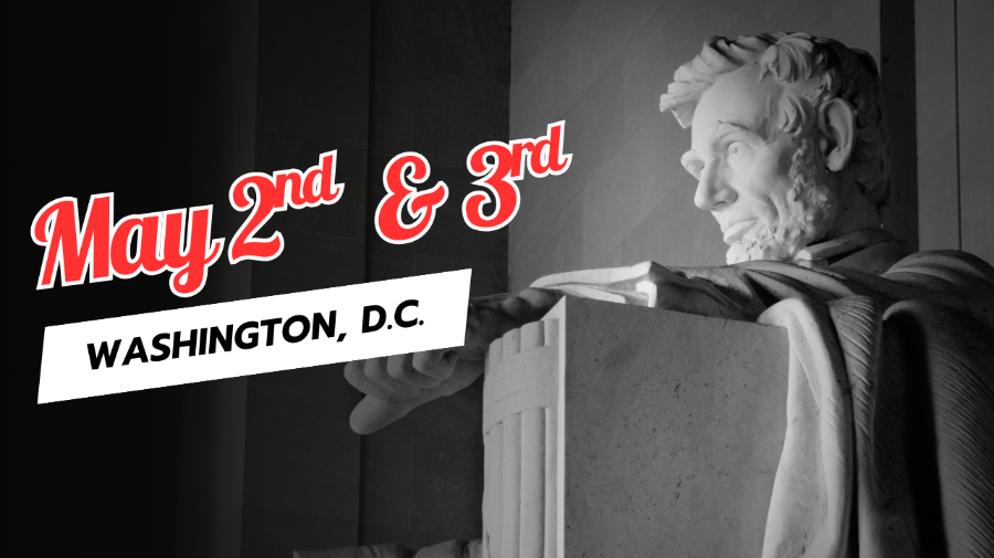 Daniel Van Kirk Washington DC 2025 Stone statue of Abraham Lincoln in the background with the words May 2nd & 3rd, Washington, D.C. in the foreground.