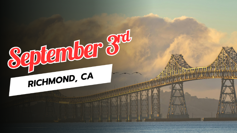 Daniel Van Kirk in Richmond California A long bridge with clouds and birds in the sky.