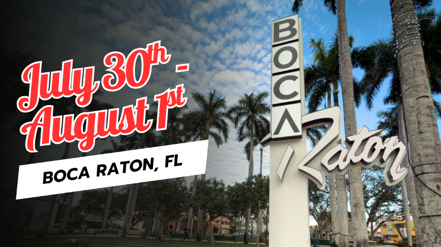A sign for Boca Raton with palm trees in the background.